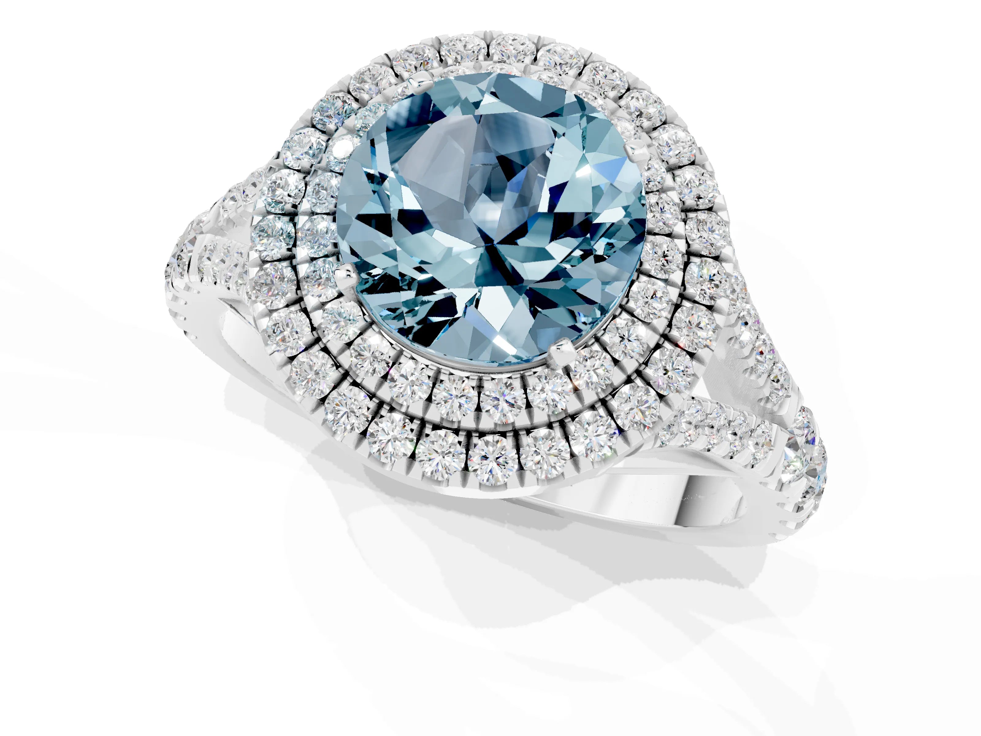White gold Double Halo Round Cut Aquamarine Pavé Split Shank Ring with Prong Setting_1