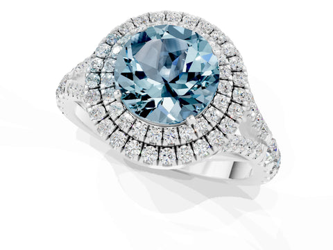 White gold Double Halo Round Cut Aquamarine Pavé Split Shank Ring with Prong Setting_1