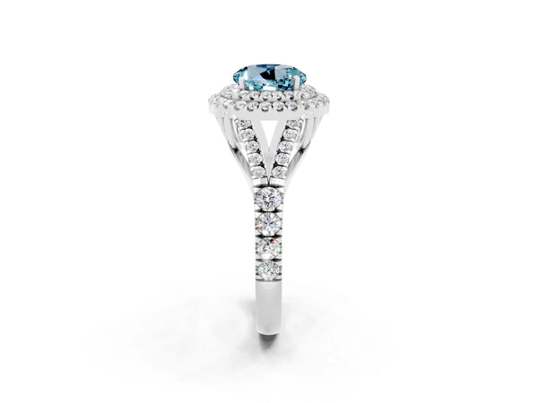 Platinum Double Halo Round Cut Aquamarine Pavé Split Shank Ring with Prong Setting