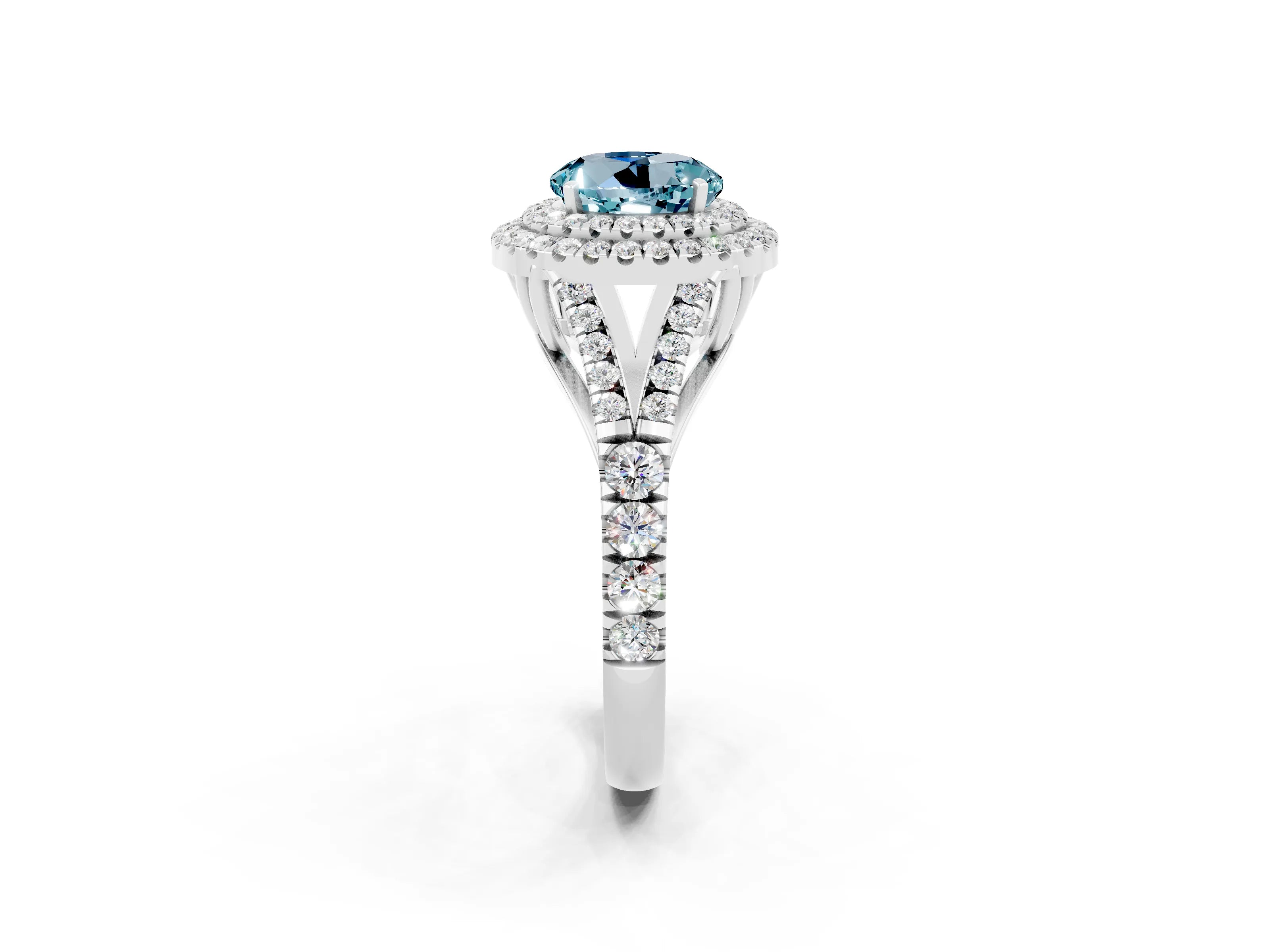 White gold Double Halo Round Cut Aquamarine Pavé Split Shank Ring with Prong Setting_2