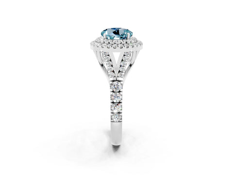White gold Double Halo Round Cut Aquamarine Pavé Split Shank Ring with Prong Setting_2
