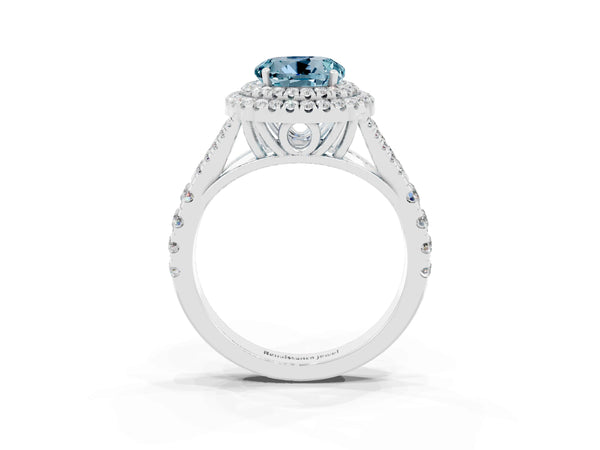 Platinum Double Halo Round Cut Aquamarine Pavé Split Shank Ring with Prong Setting