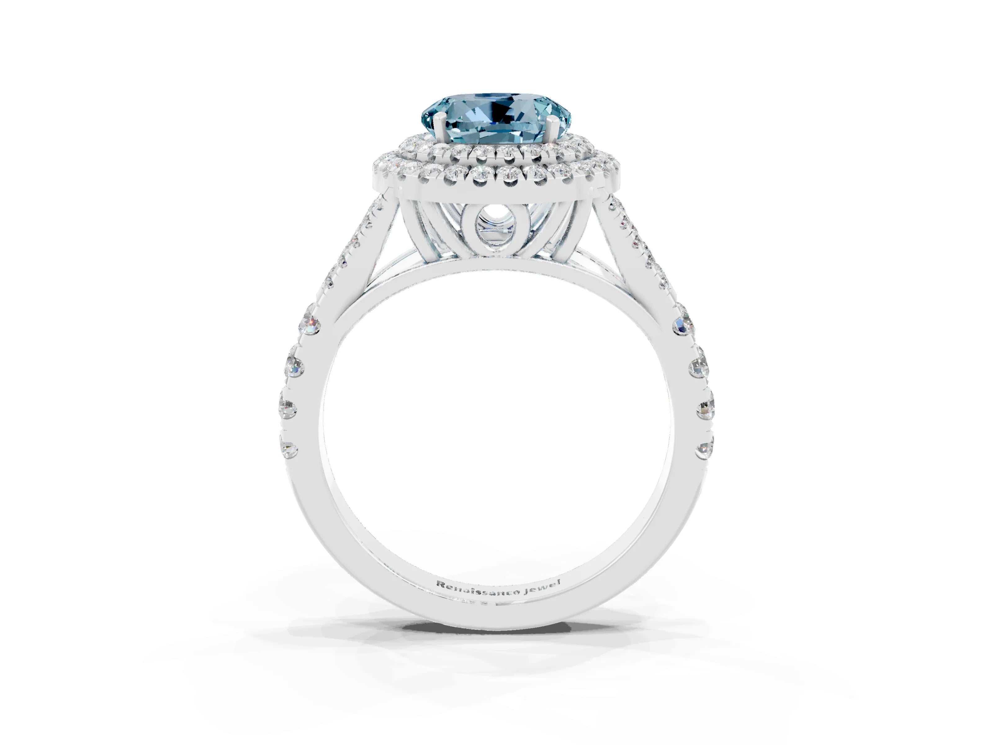 White gold Double Halo Round Cut Aquamarine Pavé Split Shank Ring with Prong Setting_3