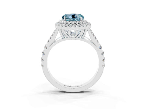 White gold Double Halo Round Cut Aquamarine Pavé Split Shank Ring with Prong Setting_3