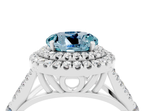 White gold Double Halo Round Cut Aquamarine Pavé Split Shank Ring with Prong Setting_4