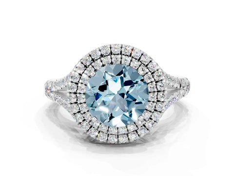 White gold Double Halo Round Cut Aquamarine Pavé Split Shank Ring with Prong Setting