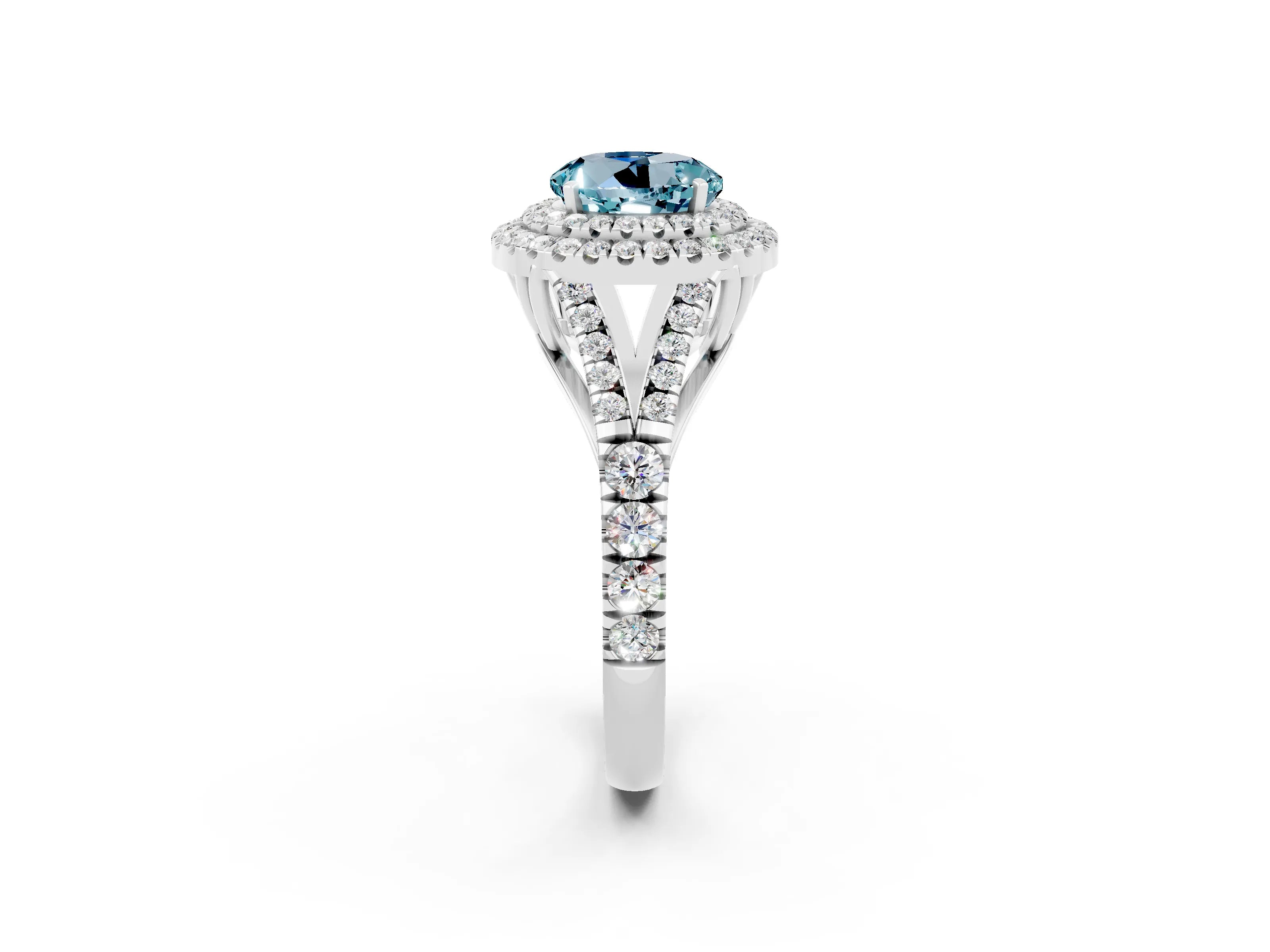 White gold Double Halo Round Cut Aquamarine Split Shank Engagement Ring with Four-Prong Setting_2