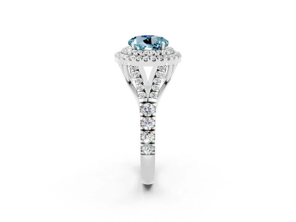Platinum Double Halo Round Cut Aquamarine Split Shank Engagement Ring with Four-Prong Setting