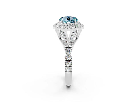 White gold Double Halo Round Cut Aquamarine Split Shank Engagement Ring with Four-Prong Setting_2
