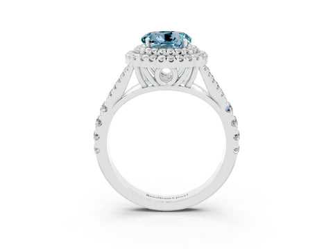 White gold Double Halo Round Cut Aquamarine Split Shank Engagement Ring with Four-Prong Setting_3