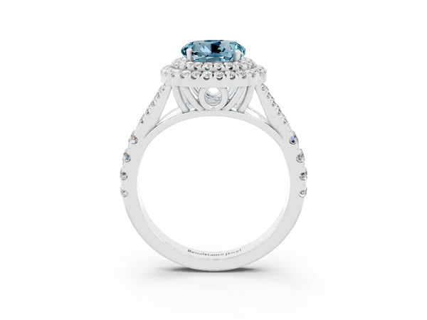 Silver Double Halo Round Cut Aquamarine Split Shank Engagement Ring with Four-Prong Setting