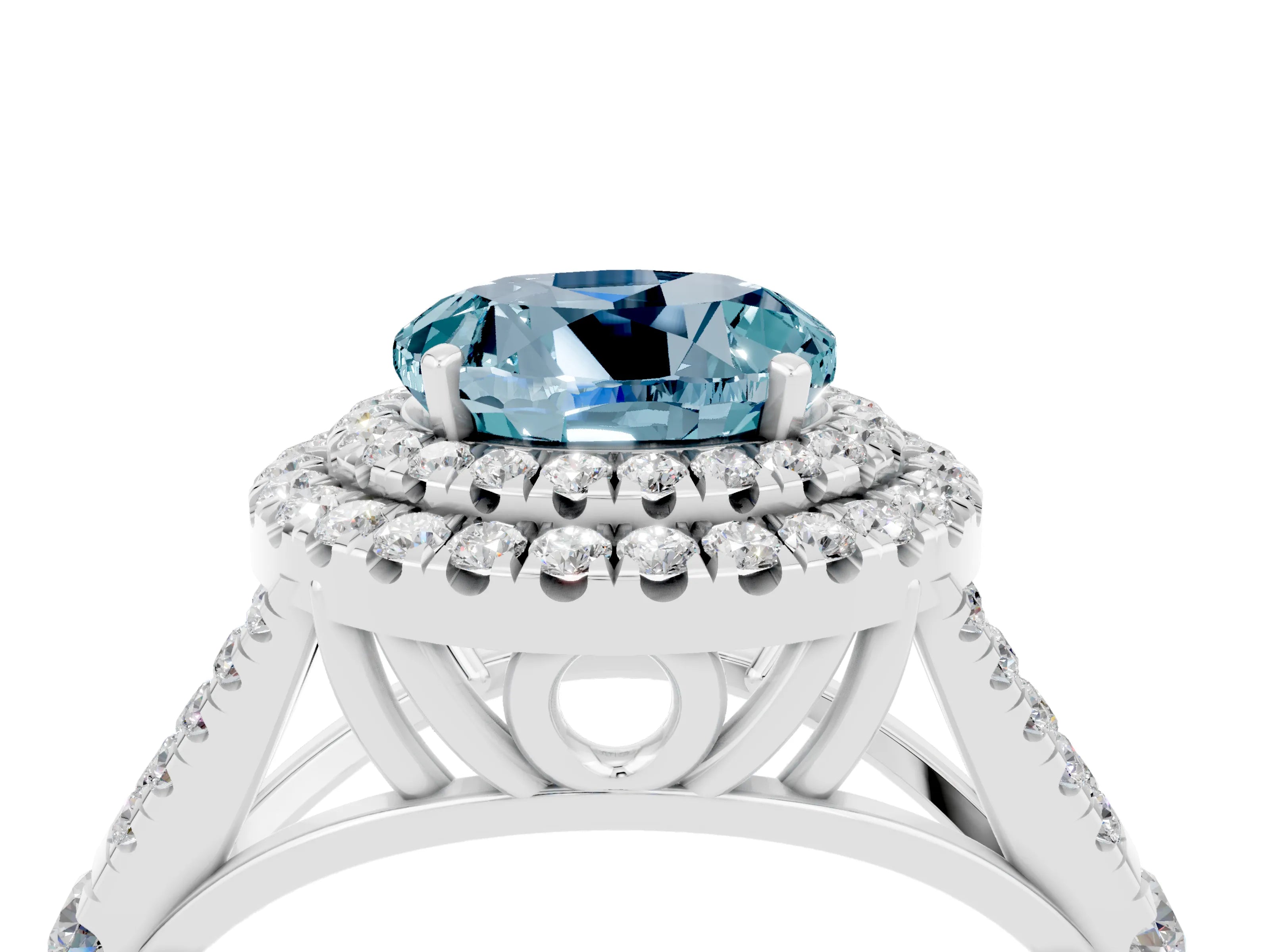 White gold Double Halo Round Cut Aquamarine Split Shank Engagement Ring with Four-Prong Setting_4