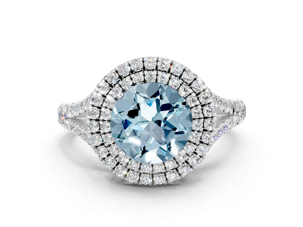Silver Double Halo Round Cut Aquamarine Split Shank Engagement Ring with Four-Prong Setting