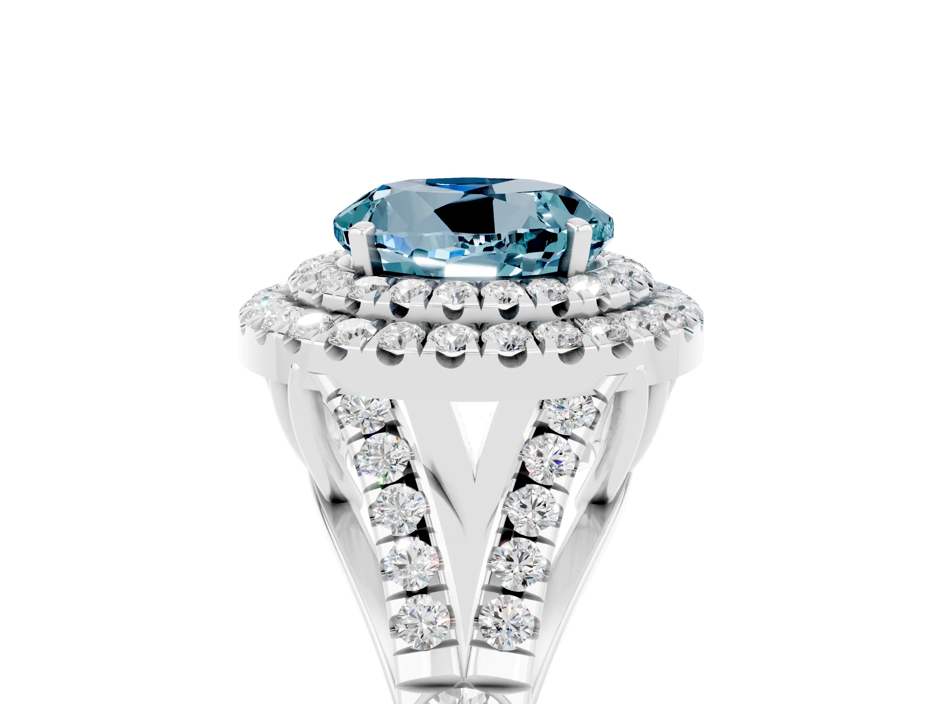 White gold Double Halo Round Cut Aquamarine Split Shank Engagement Ring with Four-Prong Setting_5