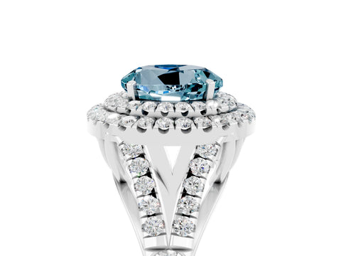 White gold Double Halo Round Cut Aquamarine Split Shank Engagement Ring with Four-Prong Setting_5