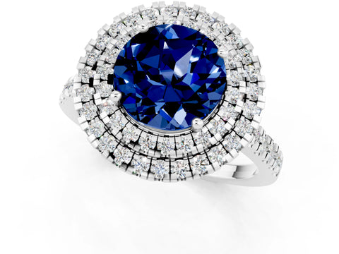 White gold Double Halo Round Cut Blue Sapphire Pavé Band with Four-Prong Setting_1