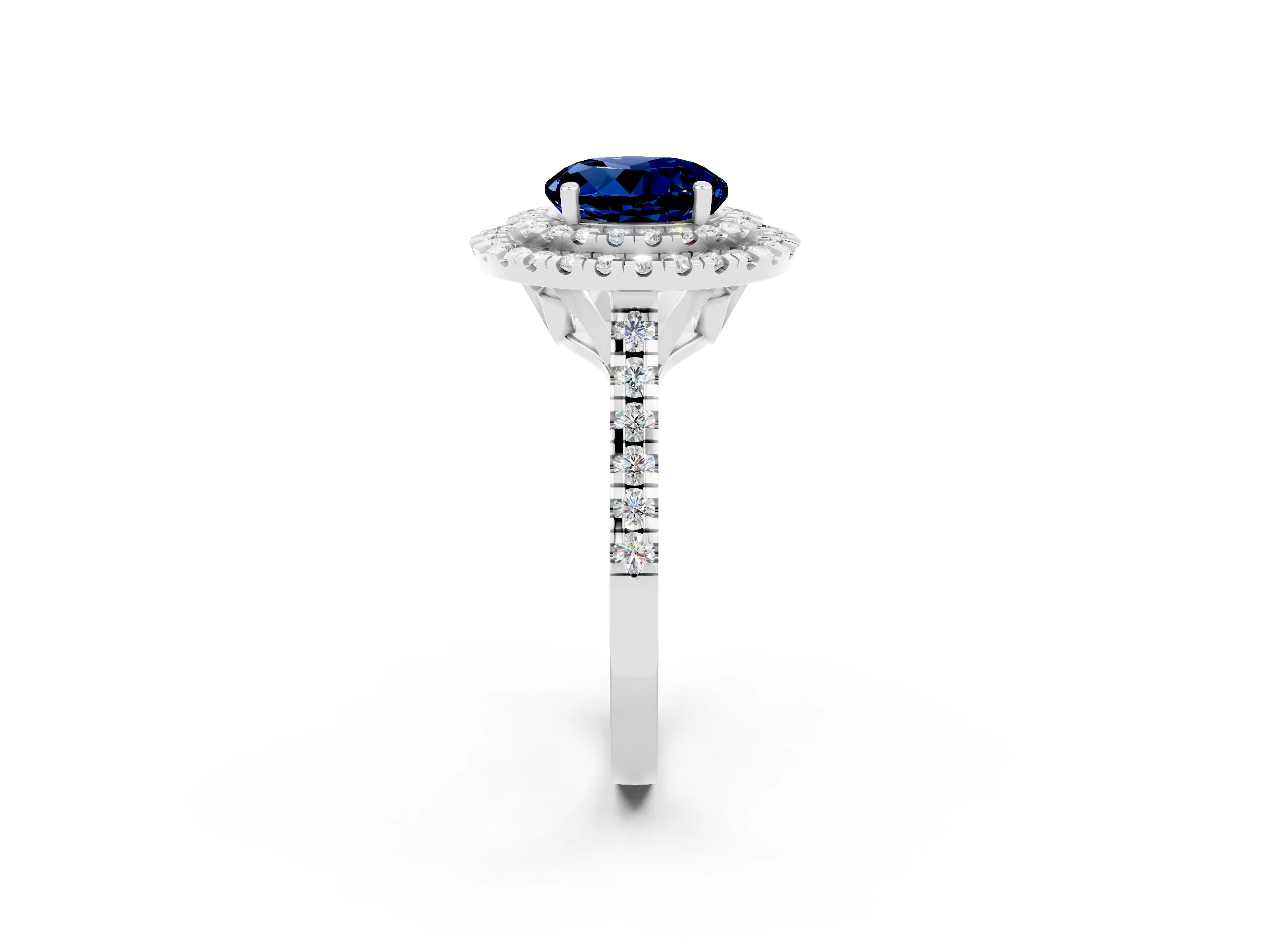 White gold Double Halo Round Cut Blue Sapphire Pavé Band with Four-Prong Setting_2