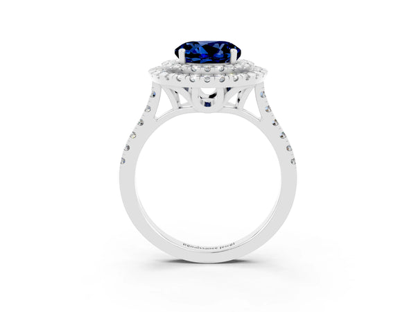 Silver Double Halo Round Cut Blue Sapphire Pavé Band with Four-Prong Setting