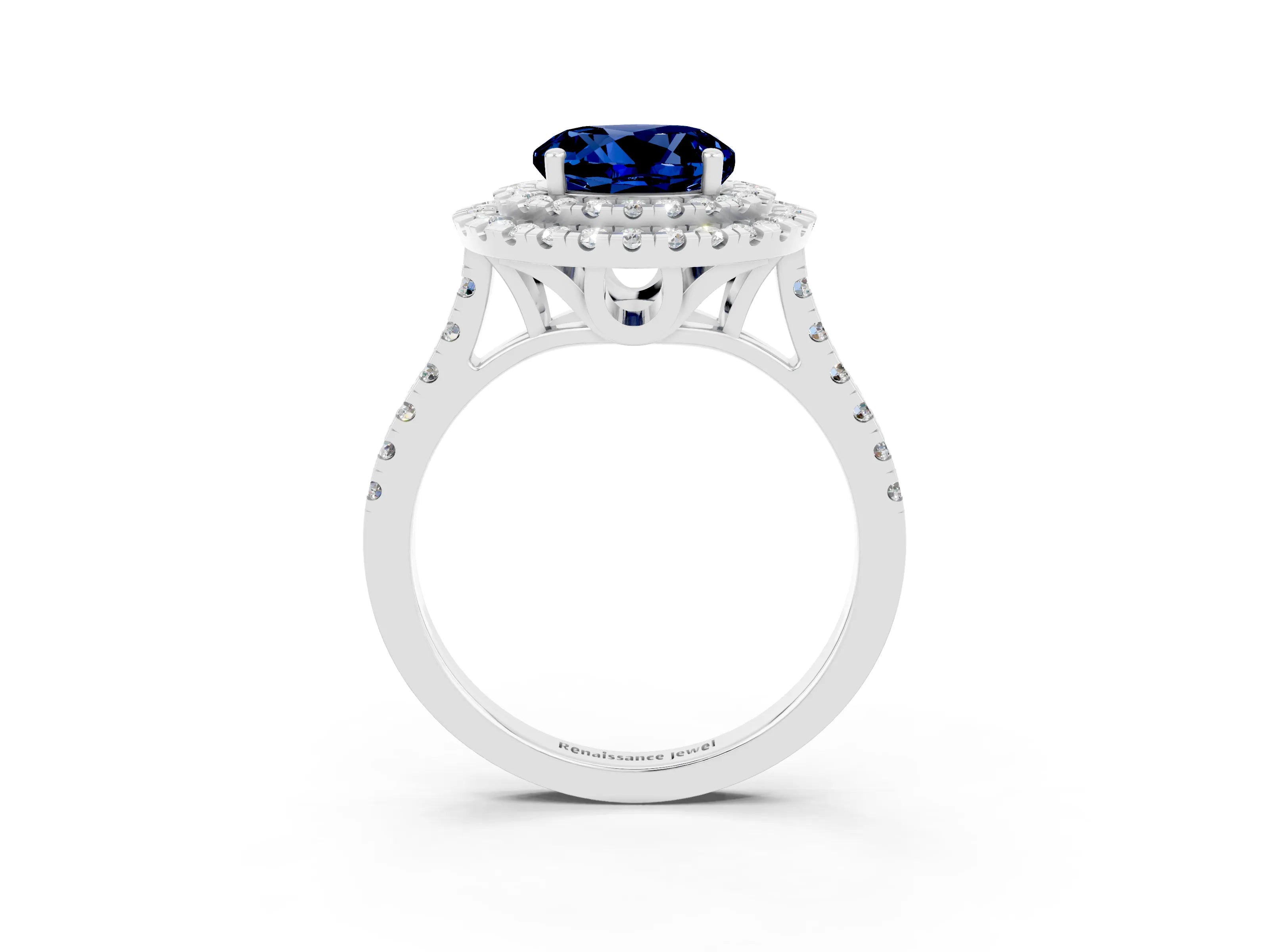 White gold Double Halo Round Cut Blue Sapphire Pavé Band with Four-Prong Setting_3