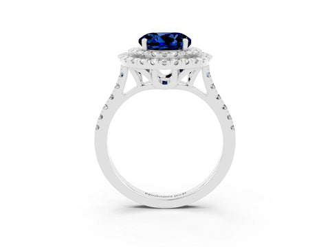 White gold Double Halo Round Cut Blue Sapphire Pavé Band with Four-Prong Setting_3