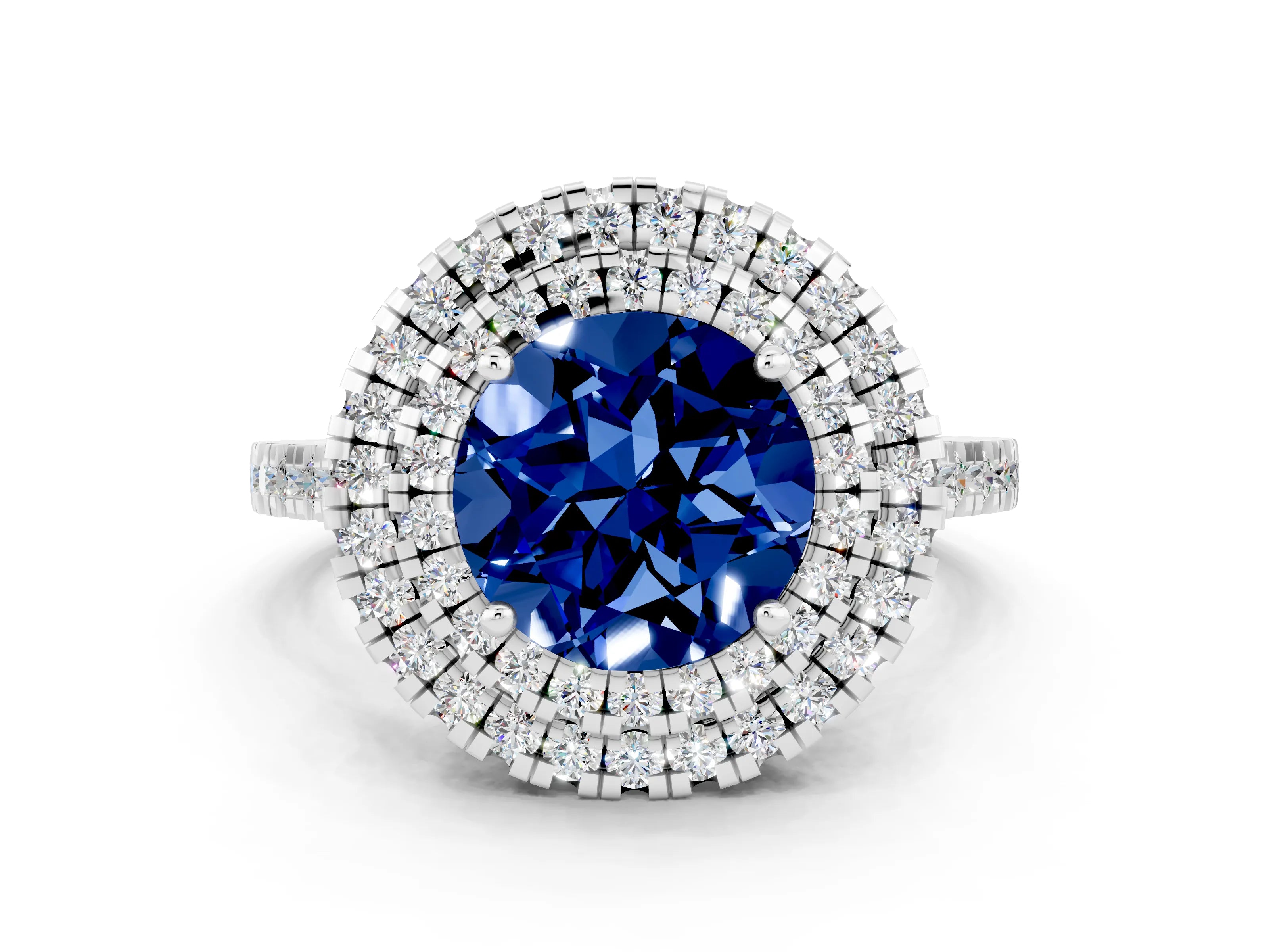 White gold Double Halo Round Cut Blue Sapphire Pavé Band with Four-Prong Setting