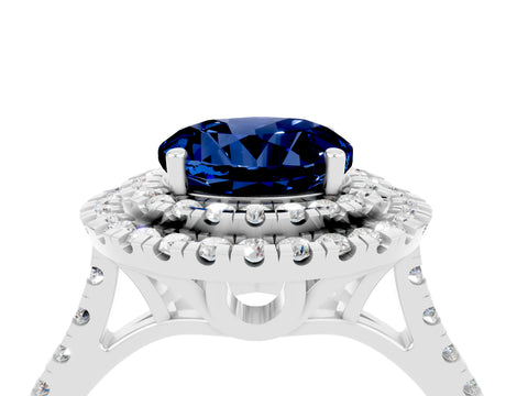 White gold Double Halo Round Cut Blue Sapphire Pavé Band with Four-Prong Setting_4