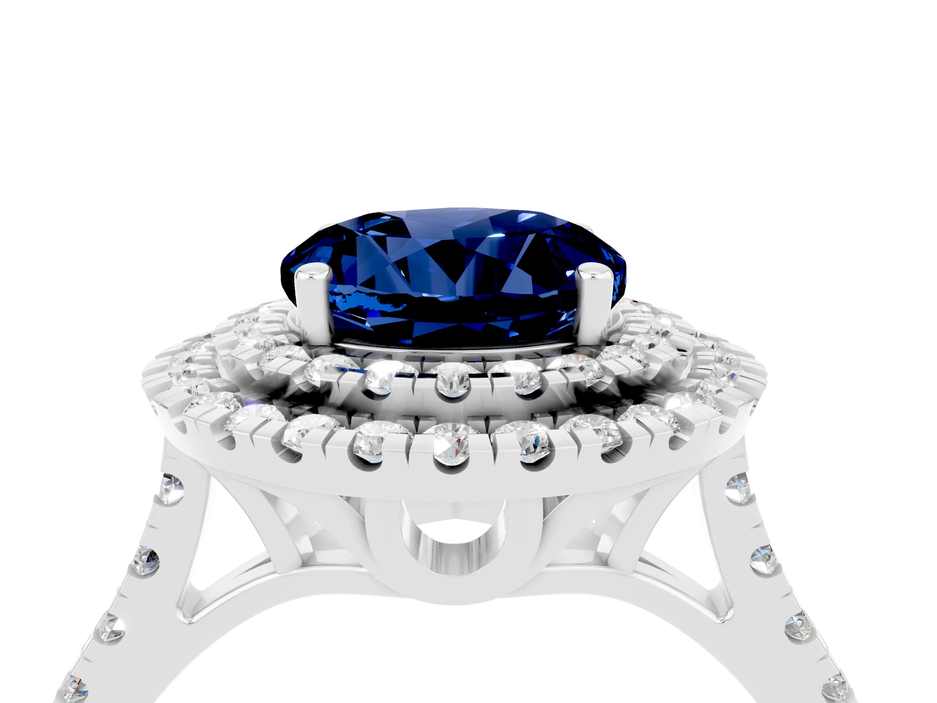 White gold Double Halo Round Cut Blue Sapphire Pavé Band with Four-Prong Setting_4