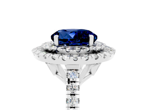 White gold Double Halo Round Cut Blue Sapphire Pavé Band with Four-Prong Setting_5