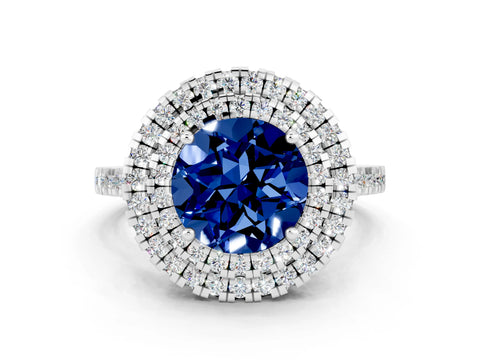White gold Double Halo Round Cut Blue Sapphire Pavé Band with Four-Prong Setting