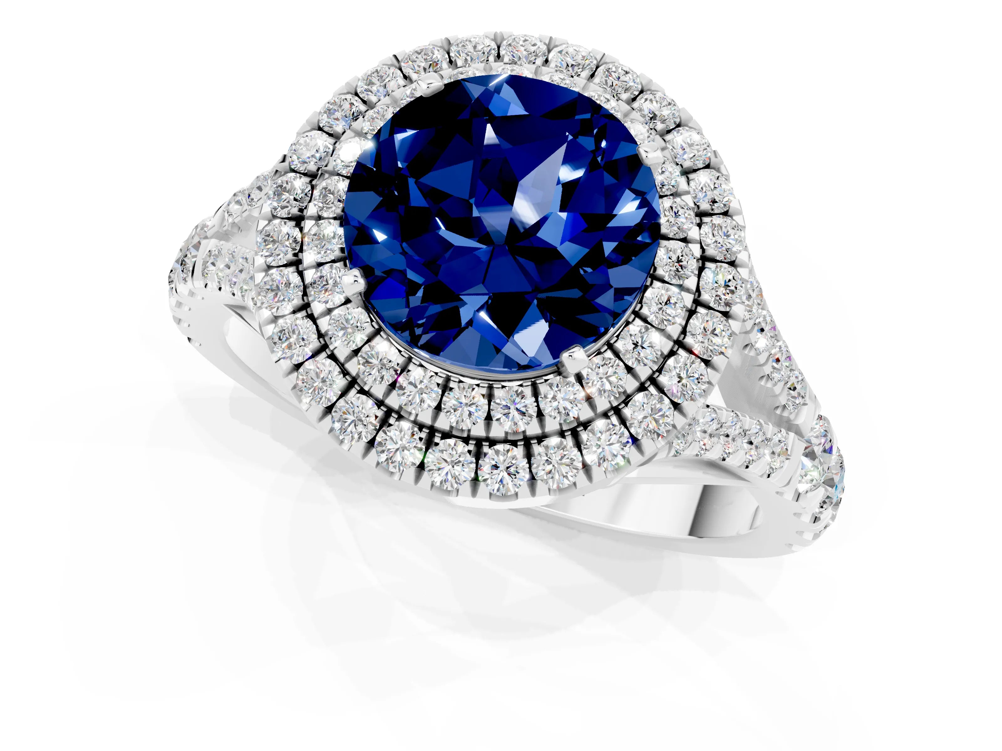 White gold Double Halo Round Cut Blue Sapphire Pavé Split Shank Ring with Prong Setting_1