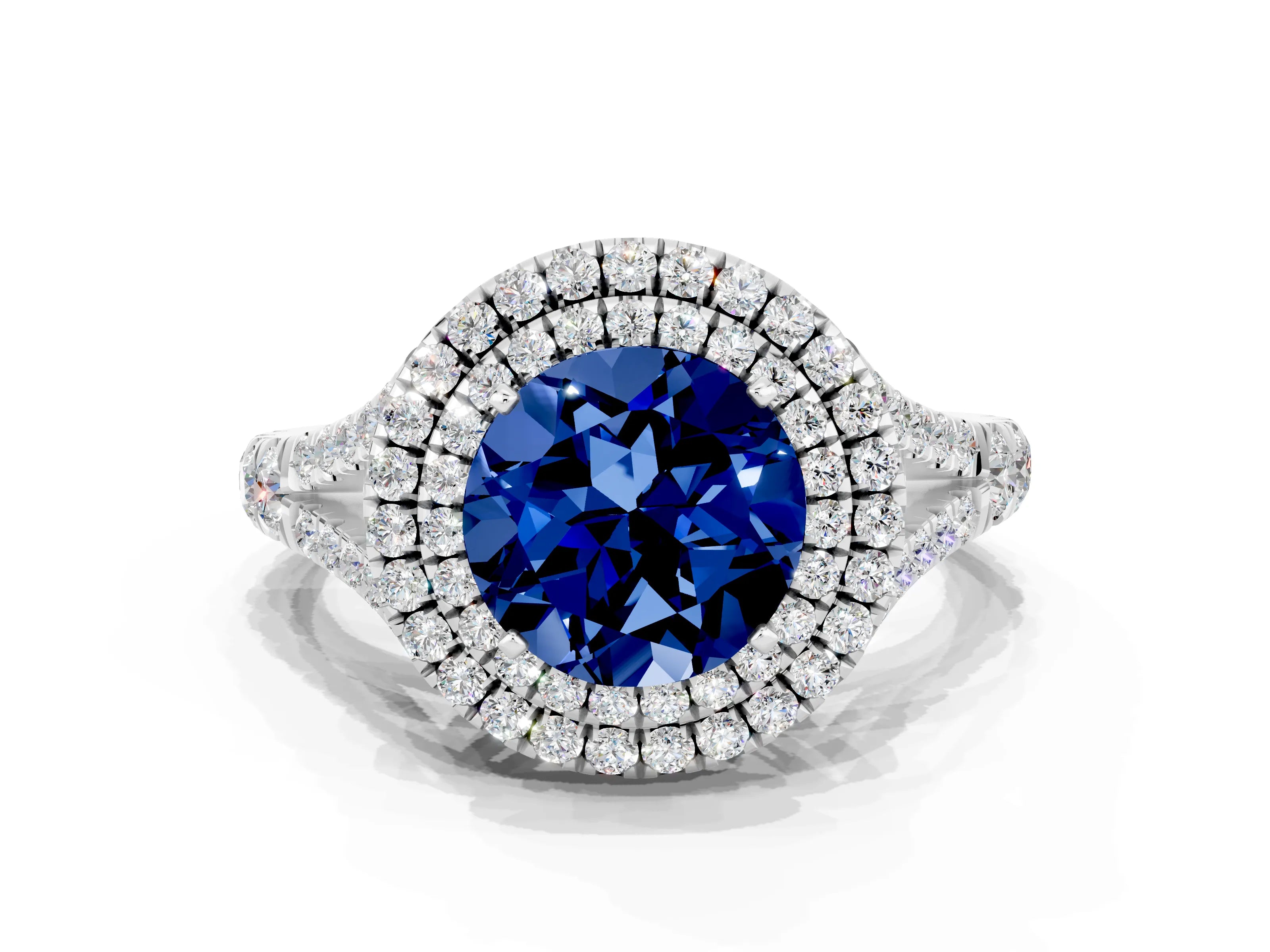 White gold Double Halo Round Cut Blue Sapphire Pavé Split Shank Ring with Prong Setting