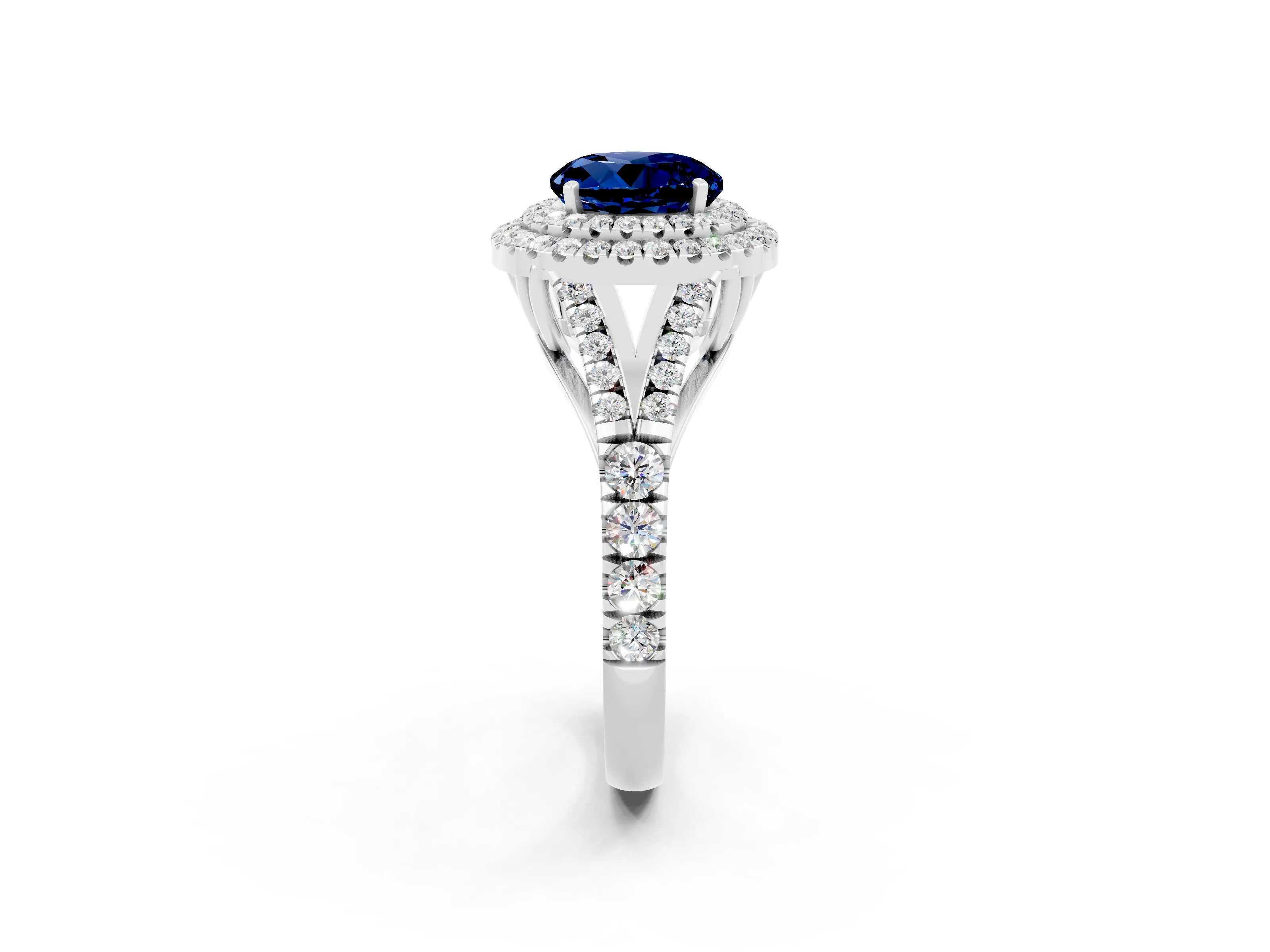 White gold Double Halo Round Cut Blue Sapphire Pavé Split Shank Ring with Prong Setting_2