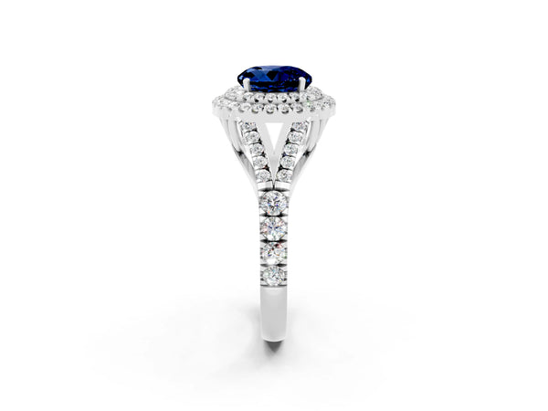 Silver Double Halo Round Cut Blue Sapphire Pavé Split Shank Ring with Prong Setting