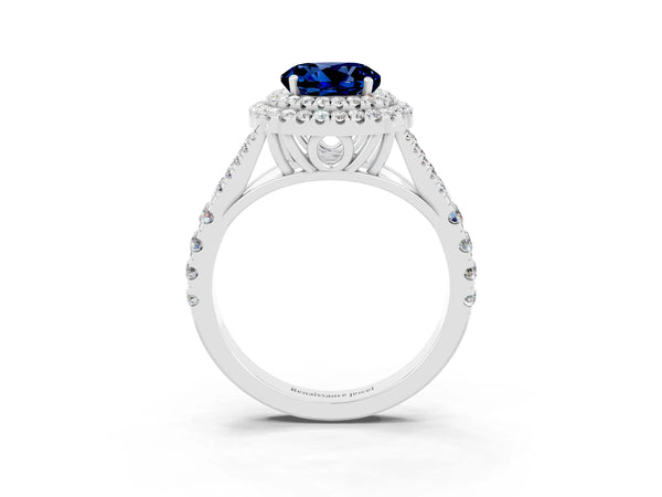 Platinum Double Halo Round Cut Blue Sapphire Pavé Split Shank Ring with Prong Setting