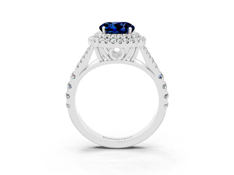 White gold Double Halo Round Cut Blue Sapphire Pavé Split Shank Ring with Prong Setting_3