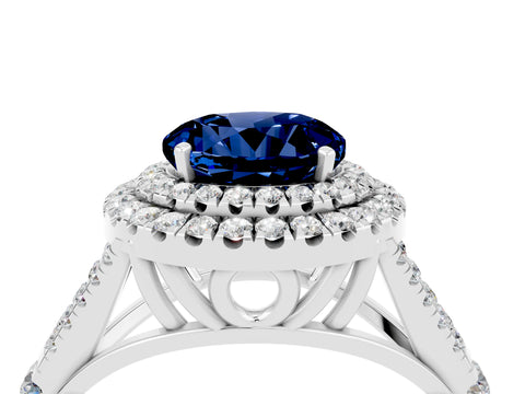 White gold Double Halo Round Cut Blue Sapphire Pavé Split Shank Ring with Prong Setting_4