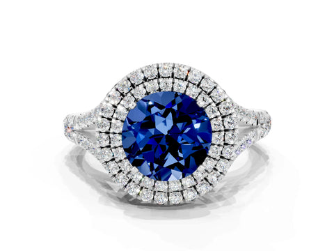 White gold Double Halo Round Cut Blue Sapphire Pavé Split Shank Ring with Prong Setting