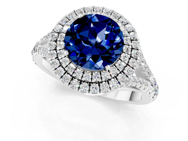 Platinum Double Halo Round Cut Blue Sapphire Split Shank Engagement Ring with Four-Prong Setting
