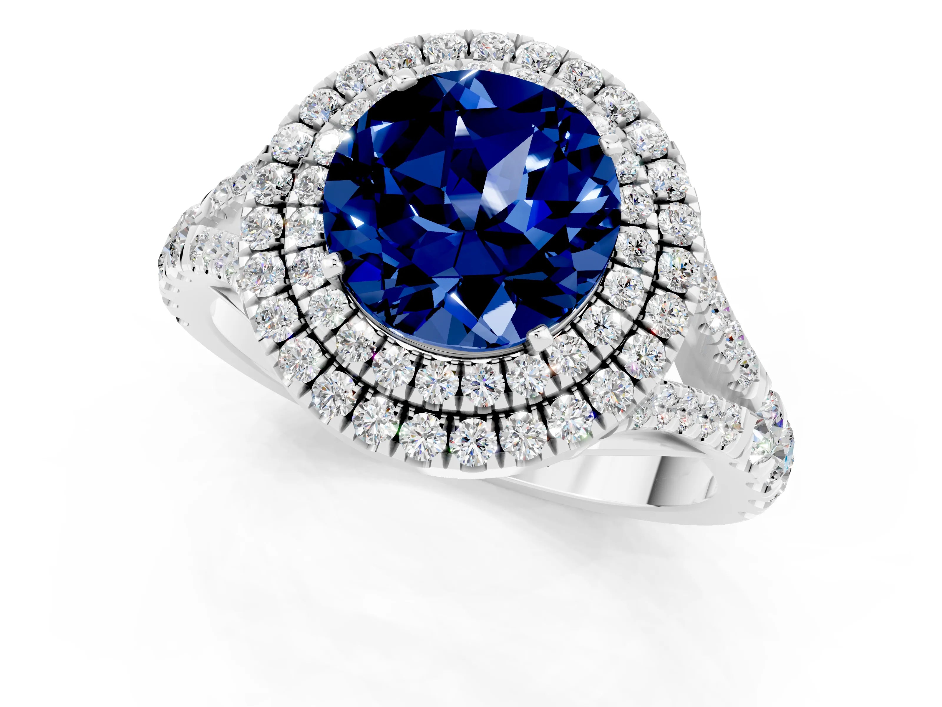 White gold Double Halo Round Cut Blue Sapphire Split Shank Engagement Ring with Four-Prong Setting_1