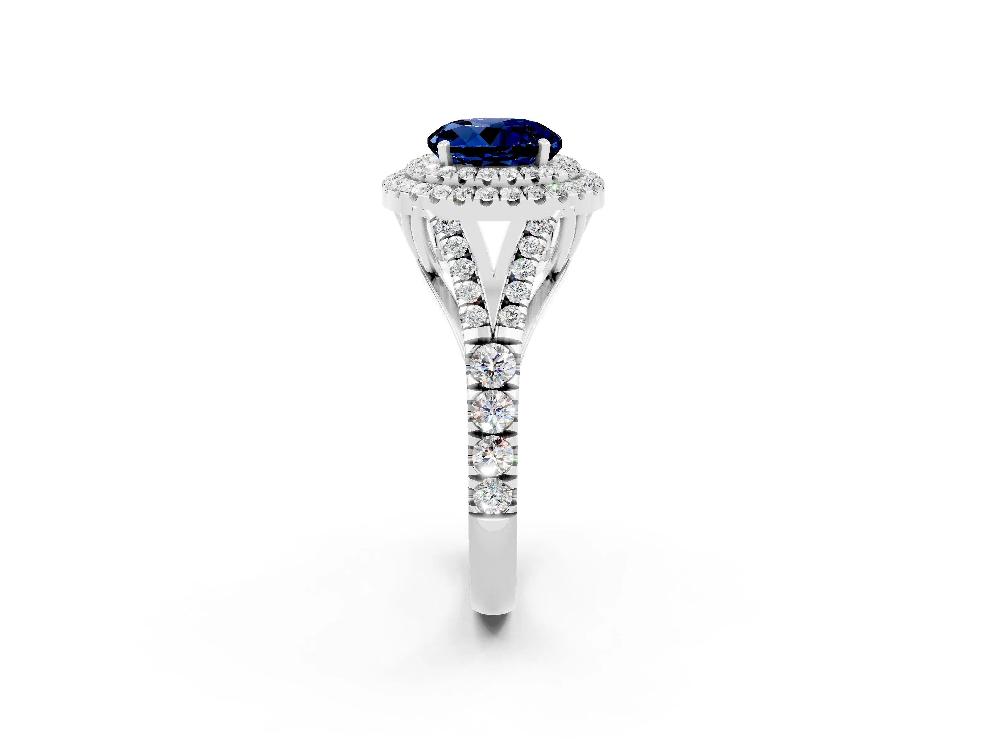 White gold Double Halo Round Cut Blue Sapphire Split Shank Engagement Ring with Four-Prong Setting_2