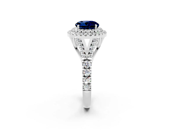 Platinum Double Halo Round Cut Blue Sapphire Split Shank Engagement Ring with Four-Prong Setting