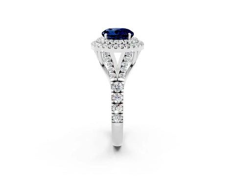 White gold Double Halo Round Cut Blue Sapphire Split Shank Engagement Ring with Four-Prong Setting_2