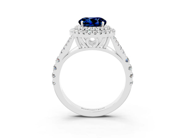 Silver Double Halo Round Cut Blue Sapphire Split Shank Engagement Ring with Four-Prong Setting
