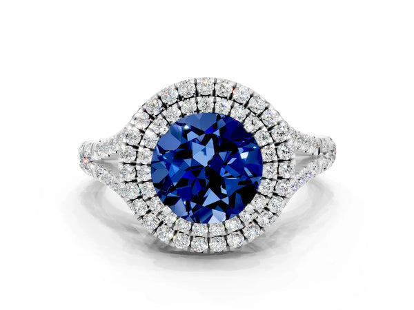 White gold Double Halo Round Cut Blue Sapphire Split Shank Engagement Ring with Four-Prong Setting