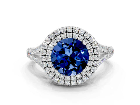 White gold Double Halo Round Cut Blue Sapphire Split Shank Engagement Ring with Four-Prong Setting