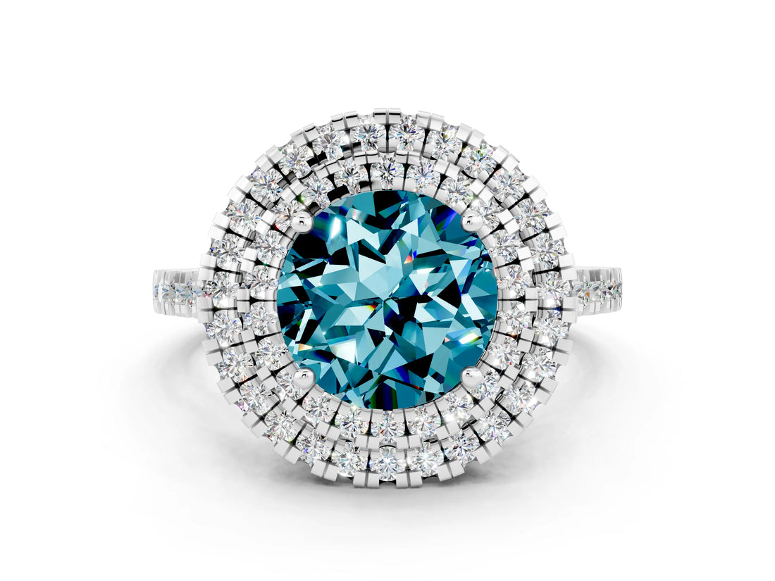 White gold Double Halo Round Cut Blue Topaz Pavé Band with Four-Prong Setting