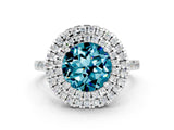 White gold Double Halo Round Cut Blue Topaz Pavé Band with Four-Prong Setting