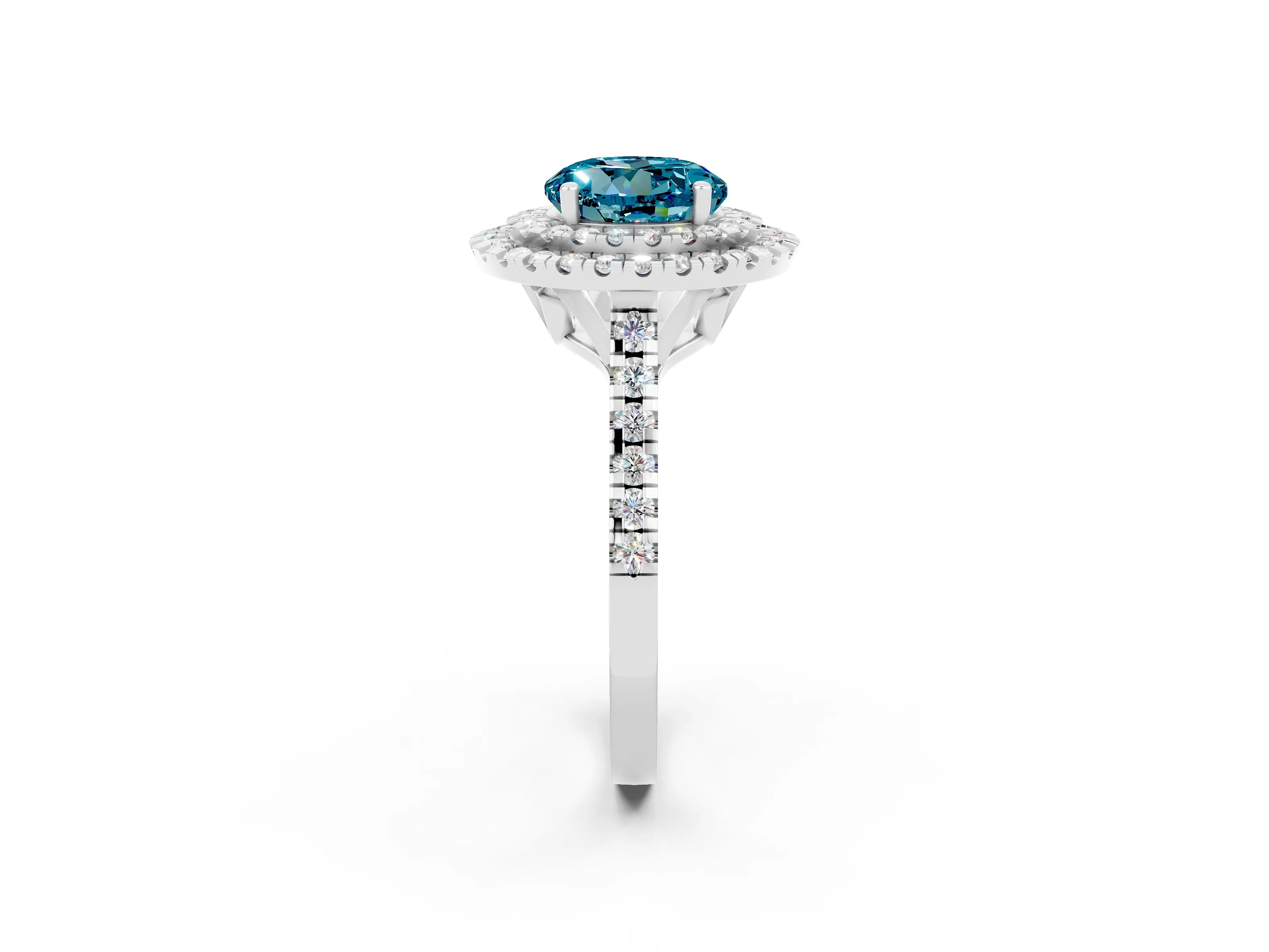 White gold Double Halo Round Cut Blue Topaz Pavé Band with Four-Prong Setting_2