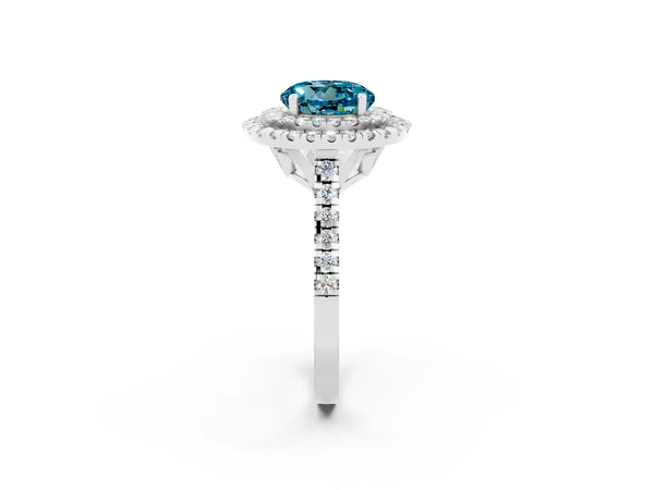 Platinum Double Halo Round Cut Blue Topaz Pavé Band with Four-Prong Setting
