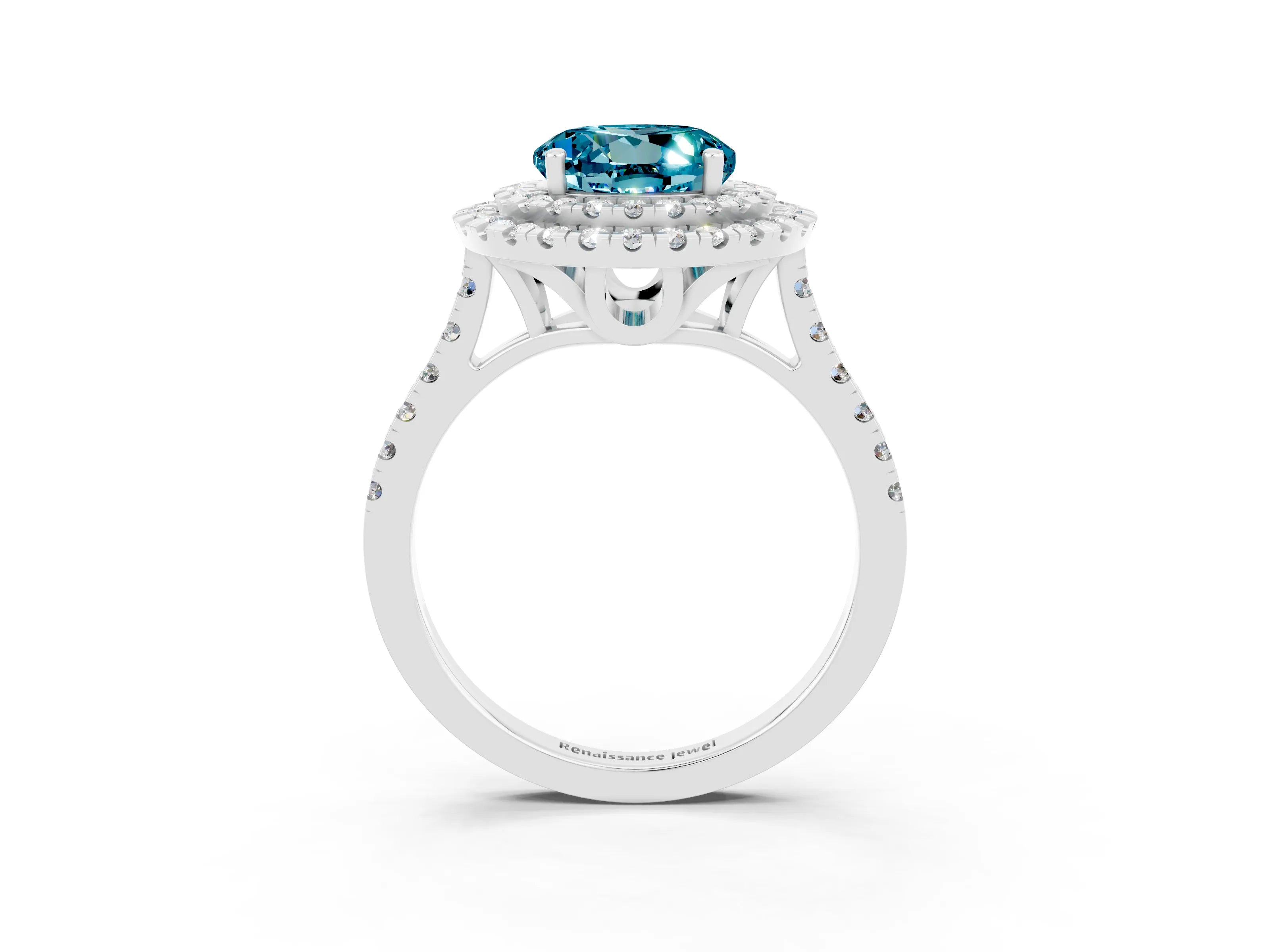 White gold Double Halo Round Cut Blue Topaz Pavé Band with Four-Prong Setting_3